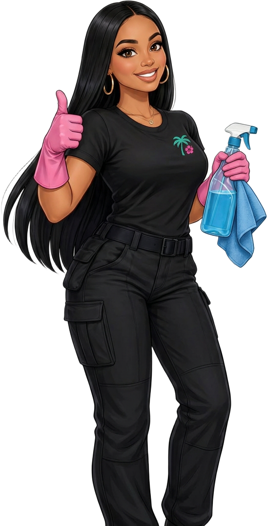Maya, de vriendelijke Island Shine cleaner met roze handschoenen